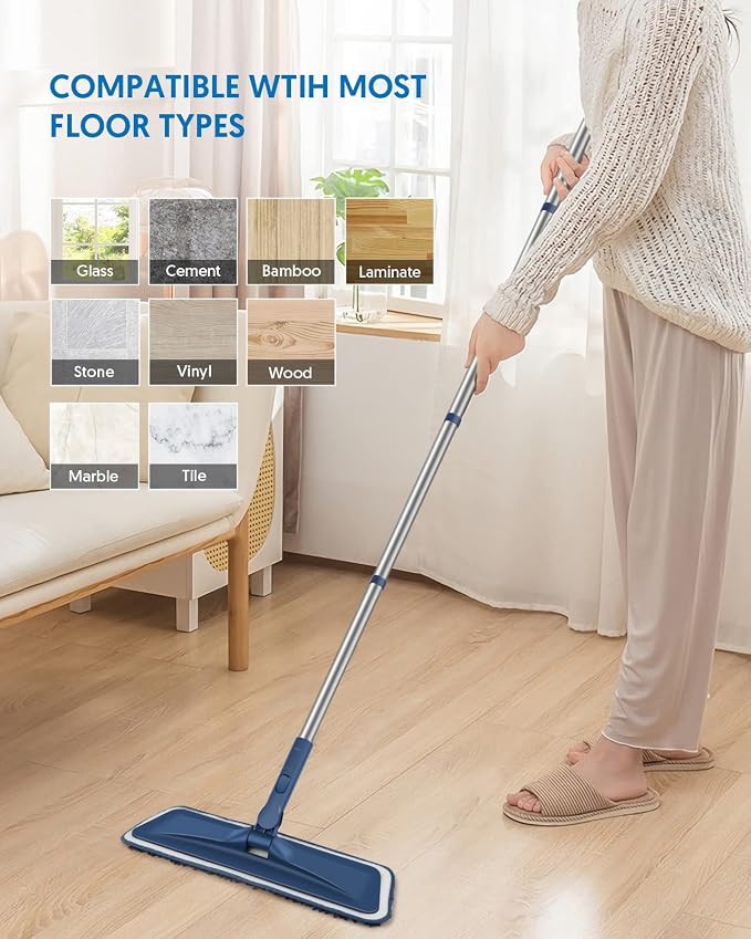 BPAWA Microfiber Mops for Floor Cleaning: Flat Mop for Wood Laminate Tile | 4 Washable Chenille Pads fit for Swiffer PowerMop, 59" Adjustable Handle, Dry Wet Mopping Home Hardwood Vinyl Multi-surfaces