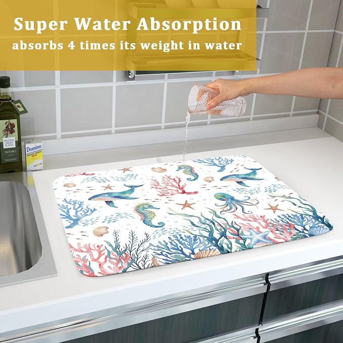 Giwawa Coastal Ocean Dish Drying Mat Seahorse Whales Drainer Rack Mats 18"x24" Absorbent Microfiber Dish Drying Pad Protector for Kitchen Counter