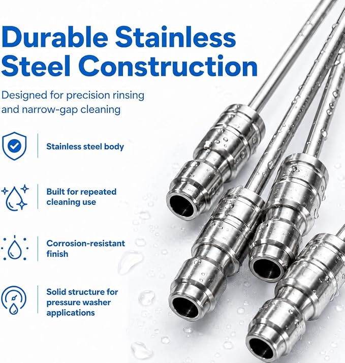 Pressure Washer Needle Nozzle Kit,4 Pack Stainless Steel Flush Wand Tips | 1/4-Inch Quick-Connect Side-Spray Nozzles, for Cleaning Car Crevices, Tires, Door Jambs, Washing Machines AC Coils