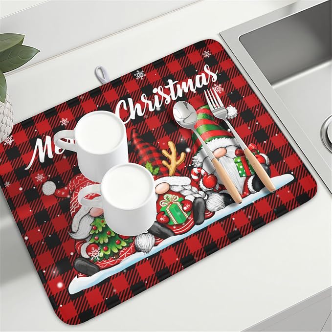 Merry Christmas Dish Drying Mat 18x24 Inch Xmas Santa Claus Winter | Polyester,Absorbent Microfiber,for Kitchen Coffee Dining Bar Decor
