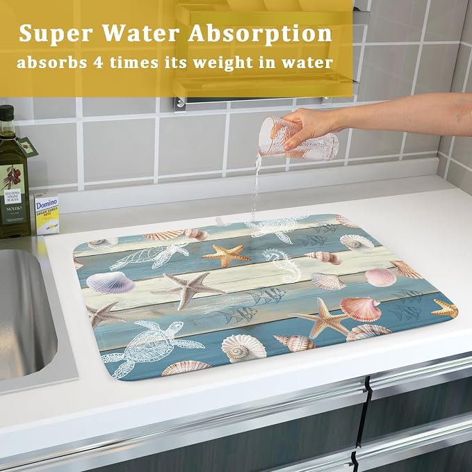 Giwawa Coastal Starfish Dish Drying Mat Summer Sea Turtle Drainer Rack Mat Absorbent Microfiber Kitchen Countertop Protector Dishes Pad 18x24 inch