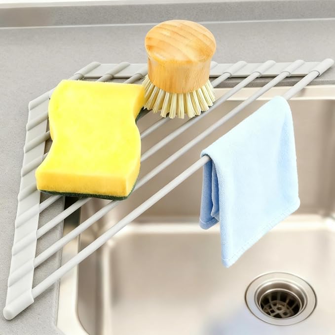 MERRYBOX Triangle Roll Up Dish Drying Rack Over The Sink, 2025 Anti-Rust Sink Drying Rack with Full Silicone Wrapped for Top of Corner, Anti-Slip Organizer for Kitchen