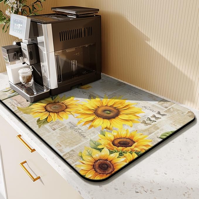 Sunflower Kitchen Countertop Dish Drying Mat,Super Absorbent Coffee Bar Mat for Maker Espresso Machine, Anti-Slip Accessories for Kitchen Countertops 23x15 Inch