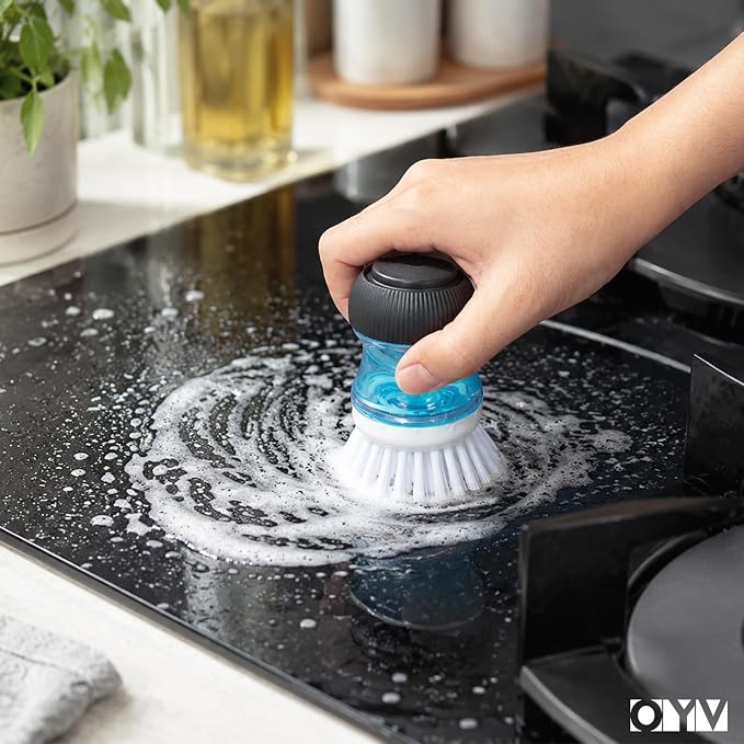 OYV Dish Scrub Brush with Soap Dispenser, Kitchen Brush for Dish Pot Pan Sink Cleaning, 1 Piece Soap Dispensing Palm Brush, Black/Clear/White