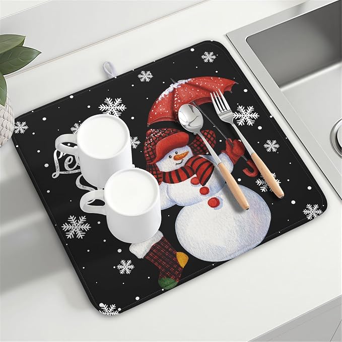 Winter Snowman Dish Drying Mat, Christmas Snow Dish Drying Mat for Kitchen Counter, Christma Cute Snowman Absorbent Fast Dry Dish Drainer Mat Protector Xmas Microfiber Dish Drying Pad 16x18 Inch