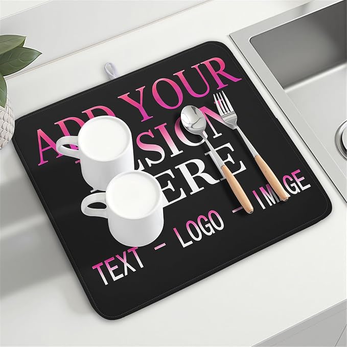Custom Personalized Dish Drying Mat 16x18 Inch Customized Drying Mats with Picture Text for Kitchen Counter Custom Image Microfiber Absorbent Dishes Pad for Travel Festivals Family Memories Home Decor