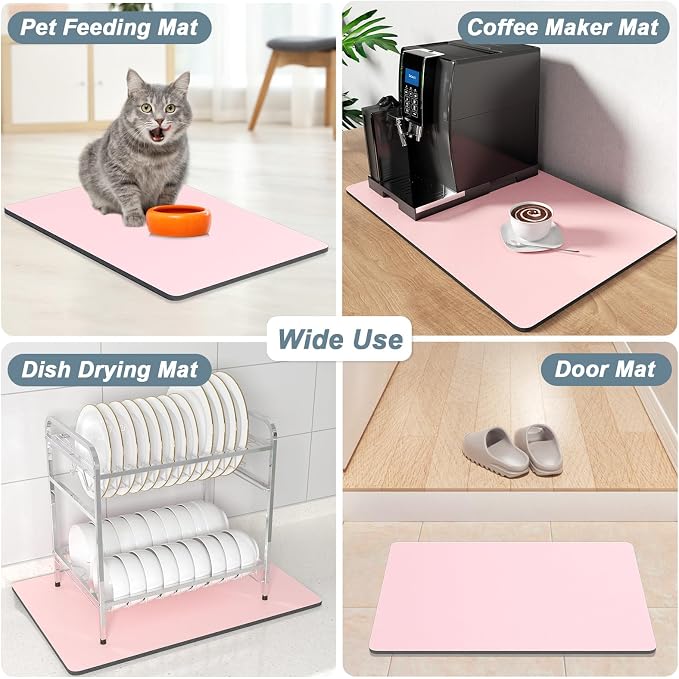 Rnivvi Coffee Mat, 12" x 19" Coffee Bar Mats for Espresso Machine Station Accessories and Organizer, Hide Stain Rubber Backed Absorbent Dish Drying Pad for Kitchen Counter, Cute Bar Decor Pad, Pink