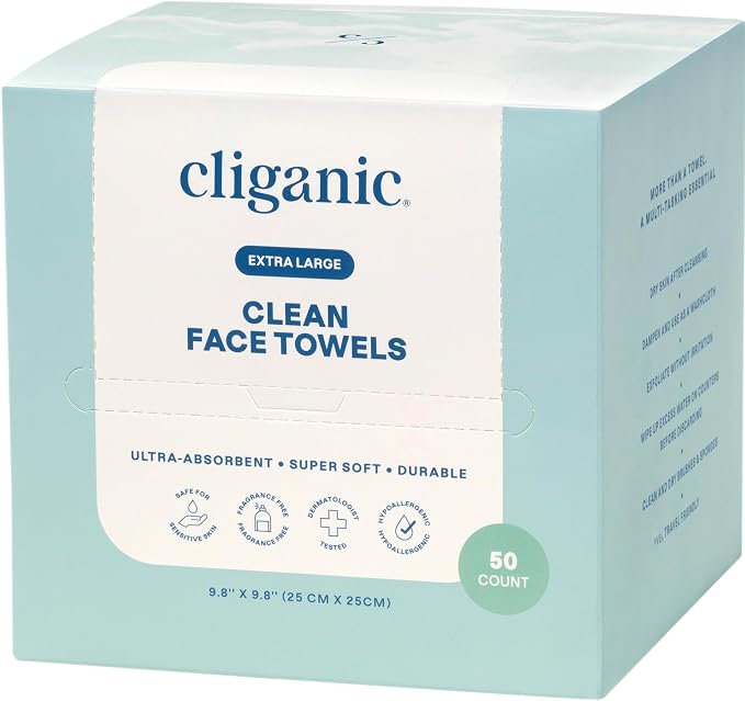 Cliganic Clean Face Towels XL, Multi-Pack (300 Count), Disposable, Ultra-Absorbent, Hypoallergenic & Soft - Makeup Remover Dry Wipes, Pamper Your Face, Hygienic Towelettes, for All Skin Types