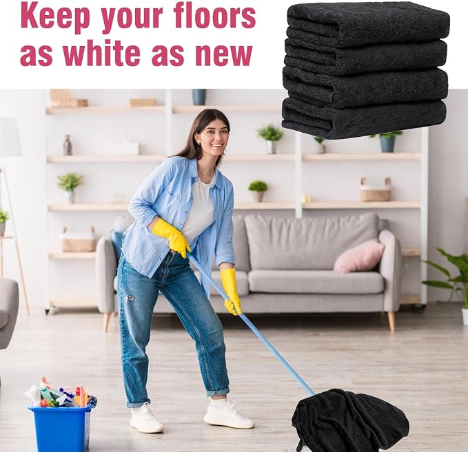 4 Pcs Extra Large Microfiber Cleaning Cloth 30 x 20 Inch Reusable Thick Cleaning Towel Washable Solid Color Microfiber Towel for Home Office Window Cars Glass (Black)