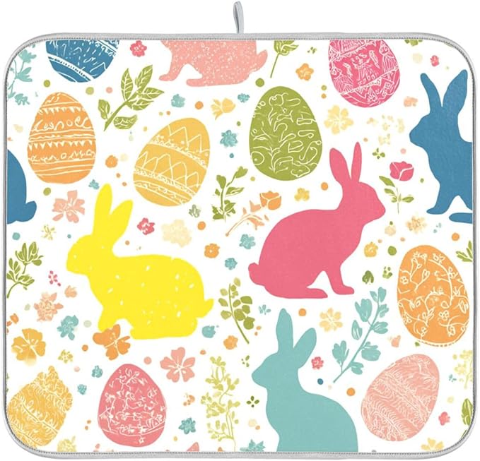 Flowers Eggs Bunny Easter Dish Drying Mat 18 X 24 Inches Spring Rose Leaves Peeps Rabbits Dry Dishes Pads Mats for Kitchen Tableware Protector Countertops Counter Home Decorations