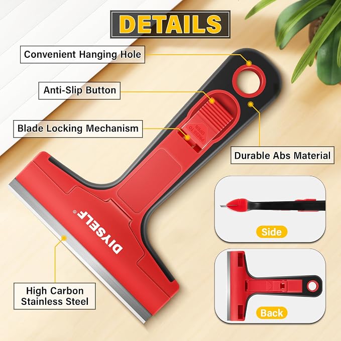 DIYSELF Razor Blade Scraper with 10 PCS 4" Blades, Scraper for Cleaning | Razor Scraper for Cleaning Glass, Window, Stove Top, Oven, Kitchen, Cooktop, Shower Door, Sticky Residue, Wallpaper, Red