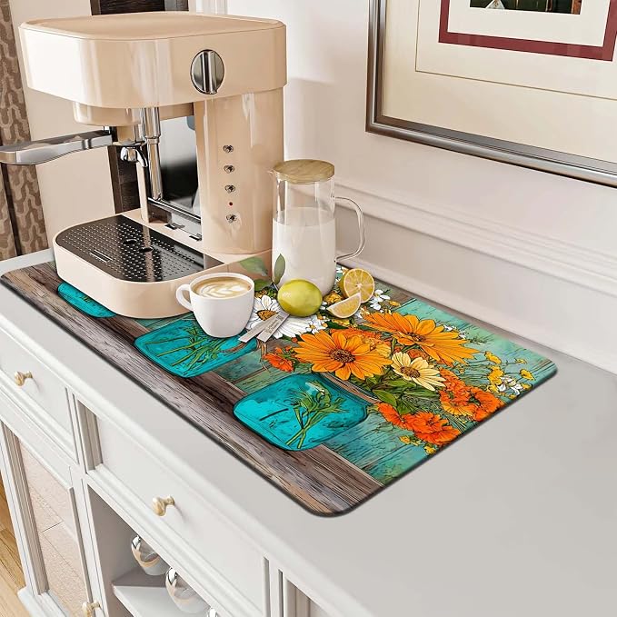 MCALK Floral Vases Dish Drying Mat for Kitchen Counter, Fall Wooden Dish Drying Pad with Anti-Slip Rubber Base, Absorbent Kitchen Sink Mat with Farmhouse Decor (1 pc 18" x 16")