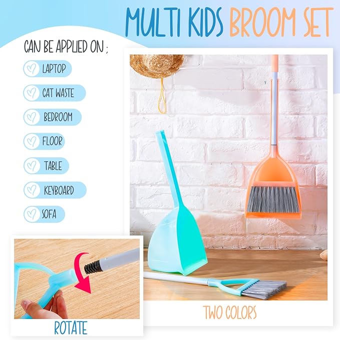 Roshtia 2 Pcs Mini Broom with Dustpan for Kids Broom and Dustpan Set Toddler Cleaning Set Boys Girls Small Cleaning for Kitchen Bathroom Pet (Blue,Red)