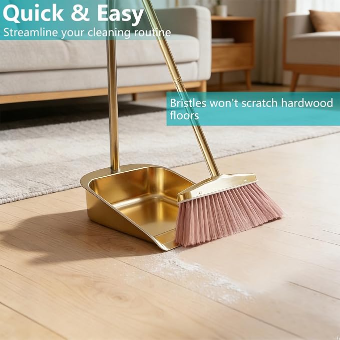 Gold Broom and Dustpan Set, Minimalist Upright Sweeper with Long Handle, Heavy Duty Stainless Steel Metal Dust Pan Combo for Home, Kitchen, Office and Indoor Outdoor Use (Gold Basic)