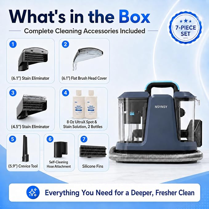 Portable Carpet Upholstery Cleaner for Furniture, Pet Stains, Car Interiors | Powerful Suction, Faster Drying, Deep Stain Removal, Lightweight Design, Large Dual Tanks, Long Hose & Cord, Home & Car Use