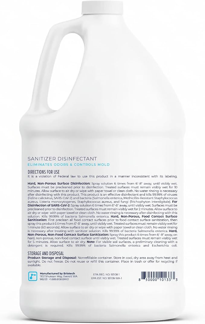 BRIOTECH Sanitizer Disinfectant Hypochlorous, Kill 99.99% of Viruses & Bacteria, Control Mold, Eliminate Odor, Gentle for Nursery & Play Rooms, Food Contact Surface Sanitizer, 1 Gallon Refill