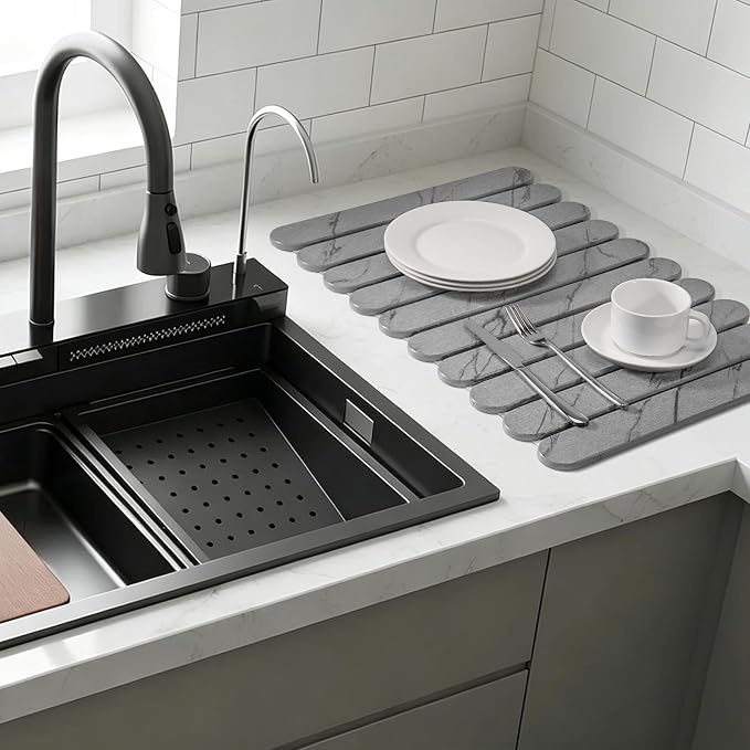 Stone Drying Mat for Kitchen Counter, 24"x16" Quick Dry Stone Dish Drying Mat, Foldable Absorbent Diatomaceous Earth Pad for Plates Cups Utensils (Gray)