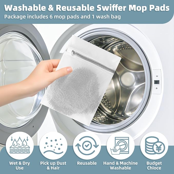6 Pack Reusable Mop Pads Compatible with Swiffer Sweeper, Washable Wet & Dry Mopping Sweeping Cloth for Multi-Surface Cleaning, Microfiber Chenille Pad Refills (Gray, Not Include MOP)