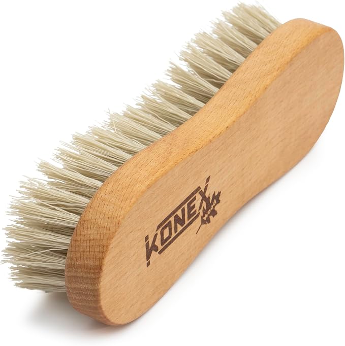 KONEX Medium-Stiffness Nylon Fiber Scrub Brush - Heavy Duty Cleaning Brush, Wooden Handle, Brown, Ideal for Hardwood Floor, Outdoor Surfaces, Carpet