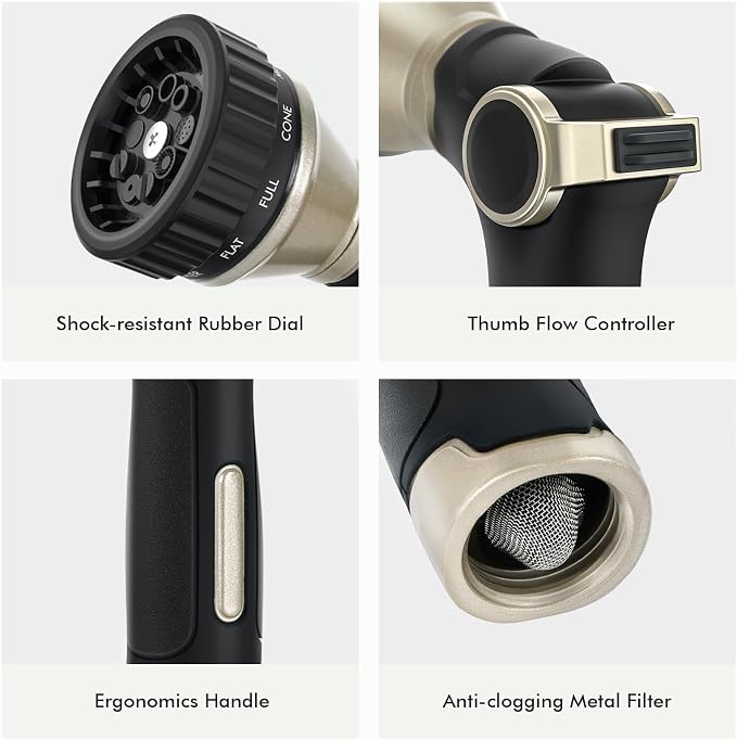 RESTMO Water Hose Nozzle Heavy Duty, Adjustable Hose Sprayer Thumb Control | Premium Zinc Alloy, 8 Adjustable Spray Patterns, Flow Control, TPR Rubberized, Ideal for Plants & Lawns, Cars & Pets, Black