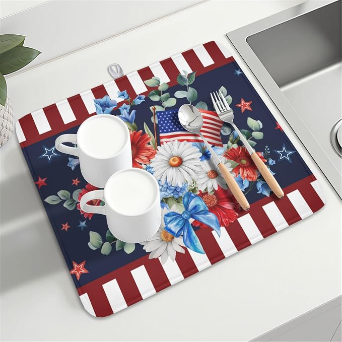 4th of July Dish Drying Mat for Kitchen Counter Patriotic Red Blue and White Floral American Flag Microfiber Dish Drainer Mat Absorbent Washable Drying Pad Extra Large 16"x18"