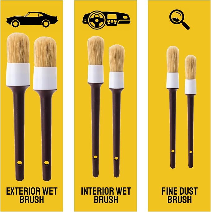 Car Detailing Brush Set 6-Pack, Interior and Exterior, Detail Dudes | Scratch-Free Boars Hair - Exterior & Interior Cleaning Brushes - Safe for Leather, Piano Black Trim, Dashboards & Wheels