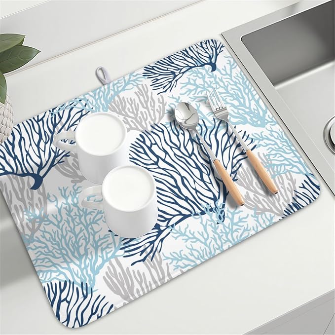 Beach Theme Dish Drying Mat for Kitchen Counter 18x24 Inch | Blue Coral,Polyester,Absorbent Microfiber,for Coffee Dining Decor