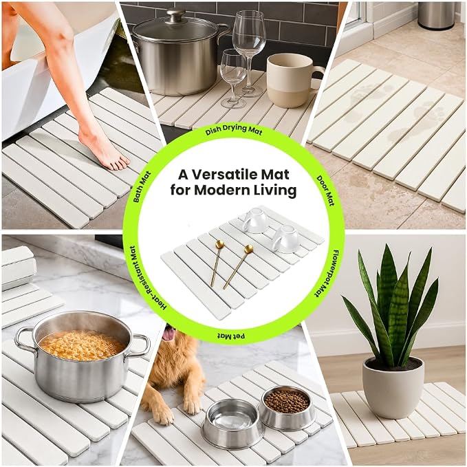 Stone Dish Drying Mat for Kitchen Counter, Large Quick Dry Diatomaceous Earth Stone Drying Mat, Foldable Water Absorbent Dish Drying Mat for Dishes, Cups, Bottles, Kitchen Sink & Countertop (White)