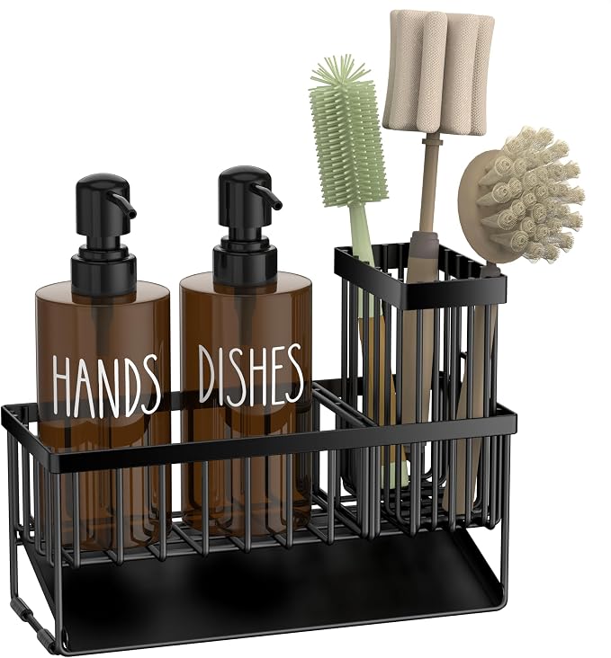 MASADI Kitchen Dish Soap Dispenser Set with Sponge Holder, 12OZ Glass Bottle, Hand and Dish Soap Dispenser Set, Non-Slip Silicone Pad, Brush Holder, Kitchen Sink Organizer Countertop (Black+Amber)
