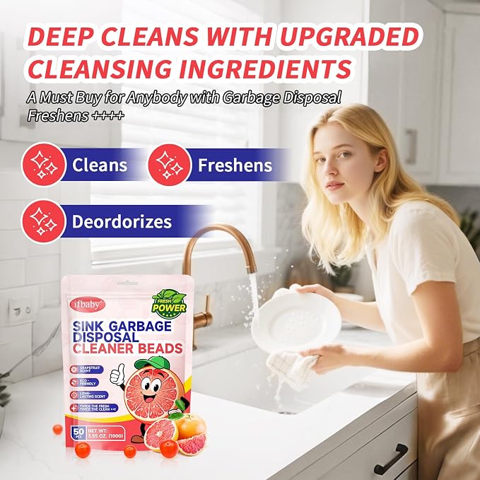 50 Count Garbage Disposal Cleaner and Deodorizer – Sink Odor Eliminator, New Powerful Grapefruit Zest Scented Kitchen Sink Freshener Pods& Drain Odor Eliminator Disposer Care Balls