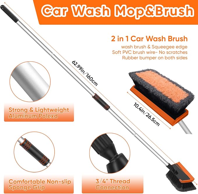 Wontolf 62'' Car Wash Brush with Long Handle, Scratch-Free Soft Bristles Sturdy Car Wash Mop, Complete Cleaning Brush Kit Wash Mitt Towel Windshield Squeegee Wheel Tire Brush for Car Truck RV Orange