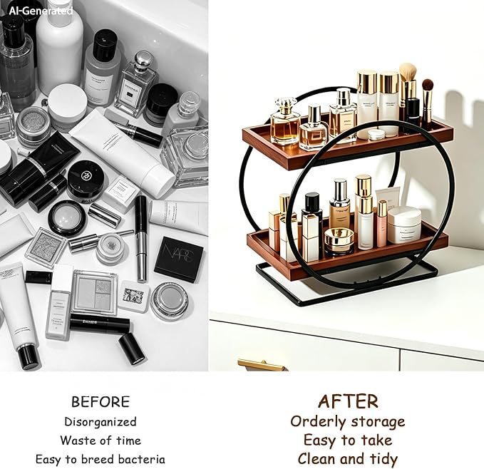 2-Tier Bathroom Counter Organizer, Wooden Perfume Organizer for Dresser, Bamboo Countertop Trays for Skincare Makeup Vanity Shelf, Organizers and Storage for Bathroom Kitchen, Black & Brown