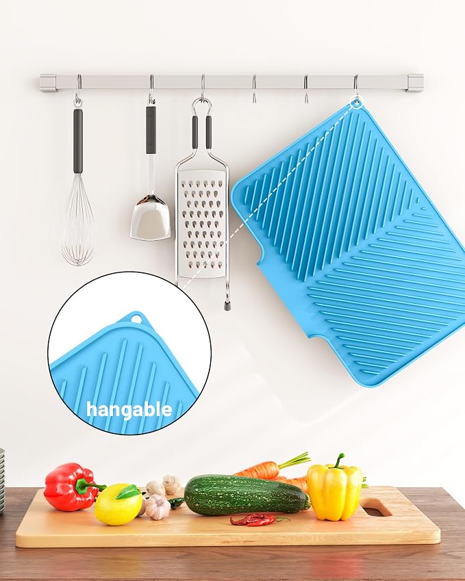 Dish Drying Mat Kitchen Counter - Silicone Dish Drying Pad with Built-in Drain for Sink, Refrigerator and Drawer liner, Easy Clean, Non-Slip, Heat Resistant, 14.8" x 10.7"