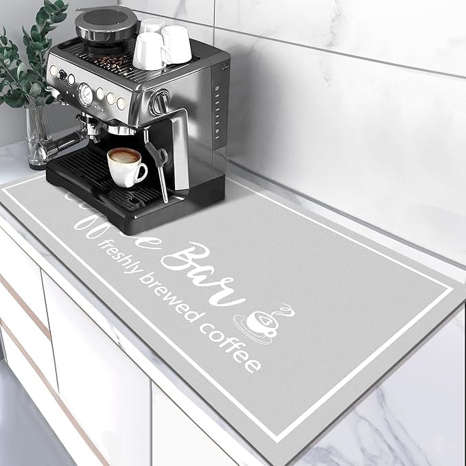 Findosom Dish Drying Mat, 17"x 32" Super Absorbent & Hide Stain Coffee Mat, Cuttable Drying Mat for Kitchen Counter, Coffee Bar Accessories, Under Dish Rack, Coffee Maker, Espresso Machine, LightGrey