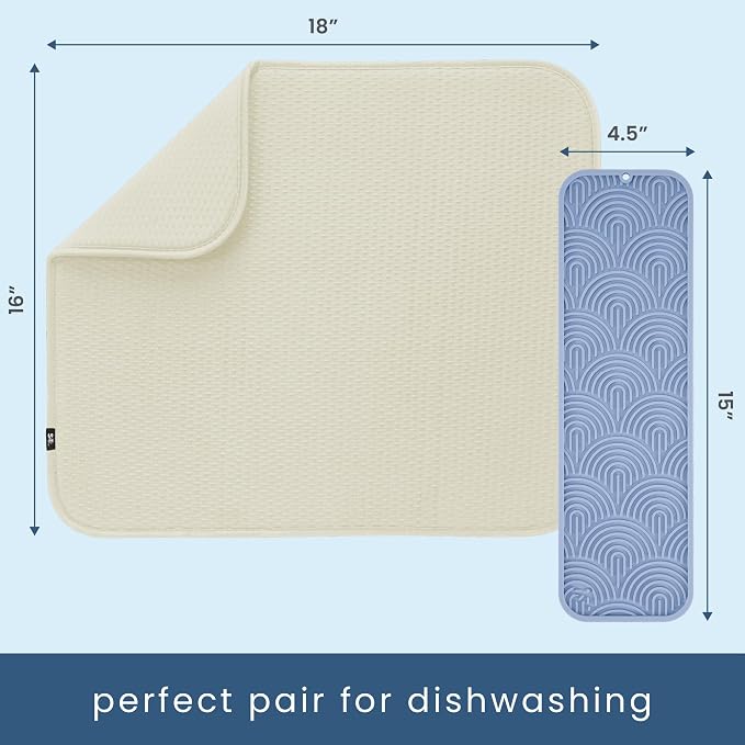 S&T INC. Dish Drying Mat 16" x 18" and Food-Safe Silicone Bar Mat 15" x 4.5", Absorbent Microfiber Kitchen Counter Mat, Dish Drying Pad for Dishes, Utensils, Pots, Pans, Diamond Texture, Cream + Blue