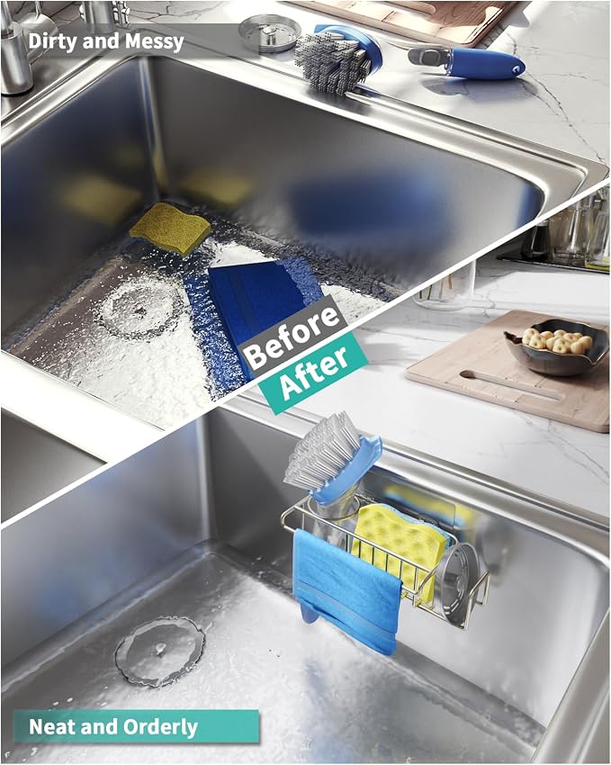 HapiRm Sink Caddy Sponge Holder - No Drill Sponge Holder for Kitchen Sink, Rustproof and Waterproof Kitchen Organizer - Brushed Nickel(8.65 * 3.54 * 2.36 in)