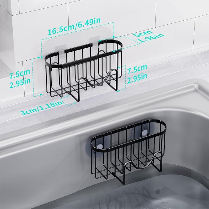 HapiRm Multifunctional Sponge Holder with Unique M-shaped, Two Installation Methods Kitchen Sink Organizer, Rustproof Stainless Steel Sink Caddy -Black(2-pack)