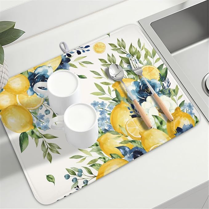 Blue Floral Camellia Lemon Dish Drying Mat 18x24 Inch | Polyester,Absorbent Microfiber,for Kitchen Coffee Dining Bar Decor