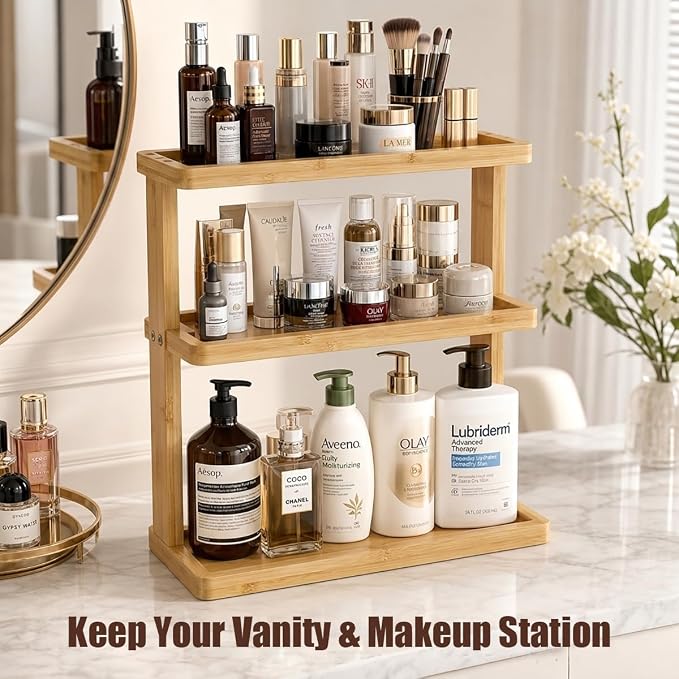PEKER Bamboo Bathroom Organizer Countertop โ Vanity Storage Shelf for Makeup, Perfume, Skincare โ Natural Cosmetics Display Rack for Dresser, Sink, Kitchen โ Natural