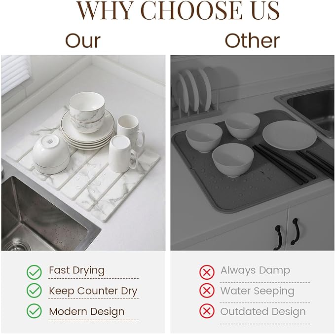 Large Stone Dish Drying Mats for Kitchen Counter 16"(L)×12"(W) Foldable Quick Dry Stone Dish Drying Mats Kitchen Absorbent Diatomaceous Earth Drying Stone Mat for Dishes Bottles Cups Marble White