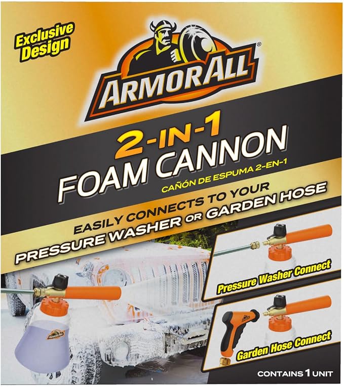Armor All 2-in-1 Foam Cannon Kit for Garden Hoses and Power Washers | 3-piece car washing kit with 40-ounce reservoir, marked fill lines, and compatibility with 500 to 3,500 PSI units