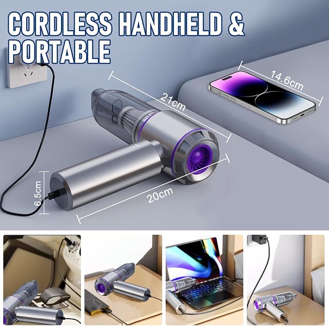 Houscly Car Vacuum Cordless Mini Handhled 4-in-1 High Power Cleaner 20000Pa | Brushless motor-6000mAh-Rechargeable-Duster blower-Pet hair crumb cleaning for car sofa office desk- Ideal gifts for men