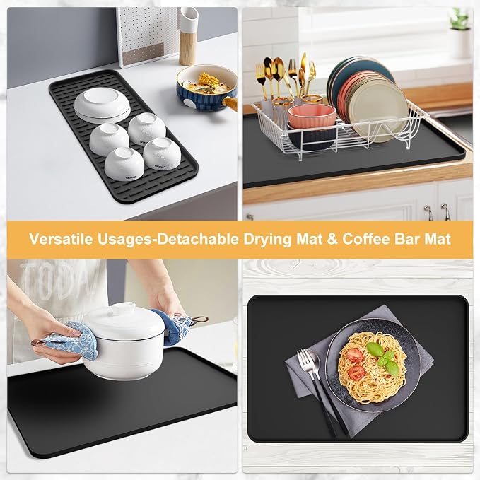 Silicone Coffee Mat, 24''x16'' Bar Mat with Detachable Dish Drying Mat - Fits Under Coffee Maker & Dish Rack