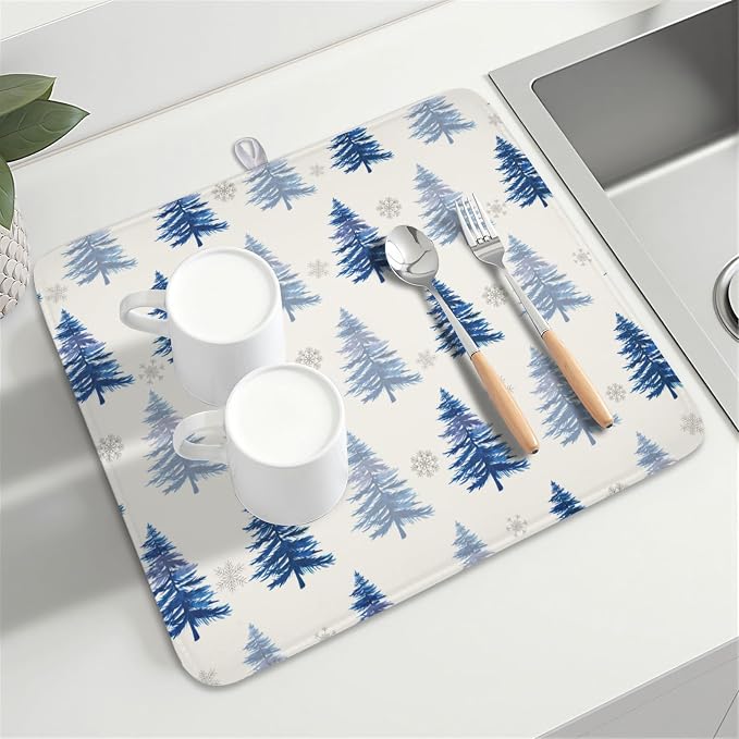 Winter Dish Drying Mat 16 x 18 Inch Blue Tree Dish Drying Pad Absorbent Microfiber Mats for Snowflake Dish Rack Pad for Holiday Kitchen Counter Coffee Bar Decor