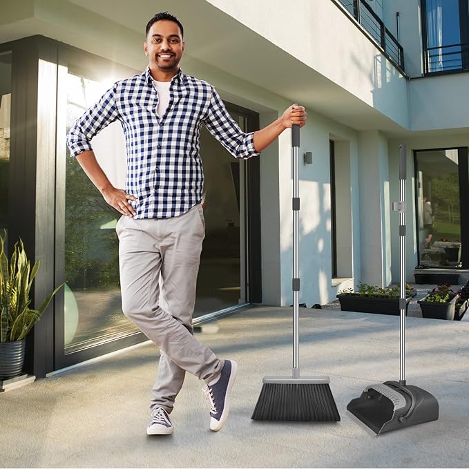 Broom and Dustpan Set for Home, Office, Indoor&Outdoor Sweeping, Stand Up Broom and Dustpan (Black&Gray)