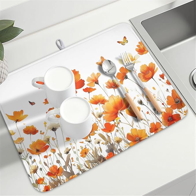 Fall Dish Drying Mat for Kitchen Counter 18 x 24 Inch Autumn Orange Floral Dish Drainer Mat Absorbent Microfiber Thanksgiving Harvest Dish Rack Pad for Coffee Dining Decor