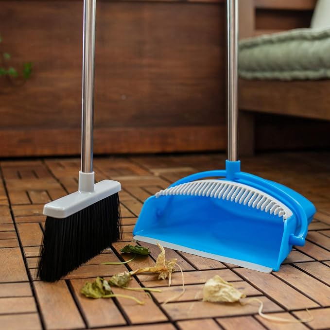 JFB Home Products BristleComb Outdoor Broom & Dustpan Set Upright, 49" Long Adjustable Broom, Long Handle, Self-Cleaning Comb & 2 Interchangeable Heads of Different Stiffness - Medium and Coarse