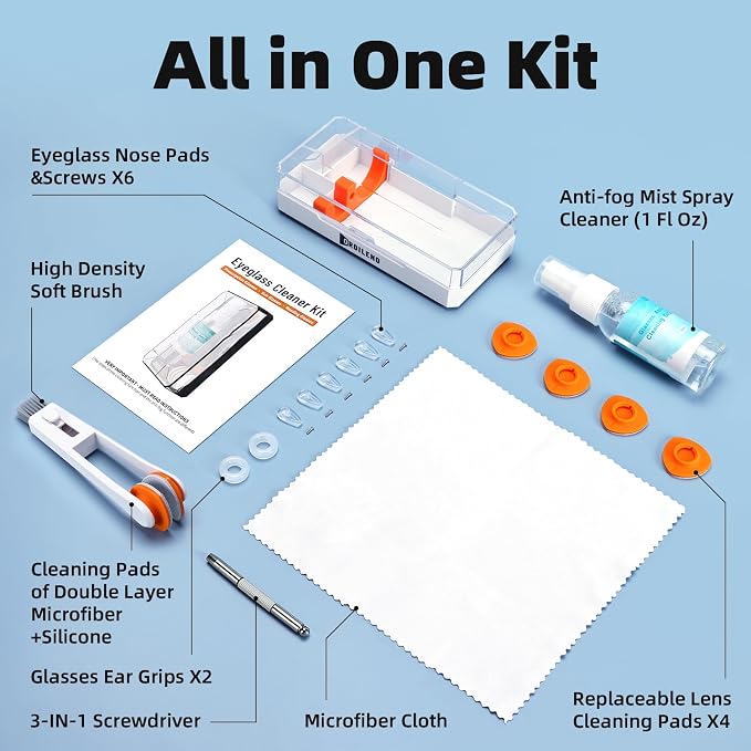 Glasses Cleaner Eyeglass Cleaning Kit with Anti Fog Spray, Microfiber Cloth | Streak-Free Cleaning Pads,Lens Wipes for Sunglasses Camera Lenses, Includes Screwdriver, Nose Pads, Ear Grips, Storage Case