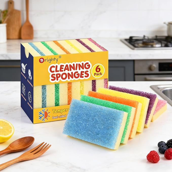 Orighty Dish Sponges, Dual-Sided Temperature-Responsive Kitchen Sponges, Non-Scratch Cleaning Sponge, Dish Scrubber, Scrub Sponge for Kitchen, Bathroom & Household, 6 Pack