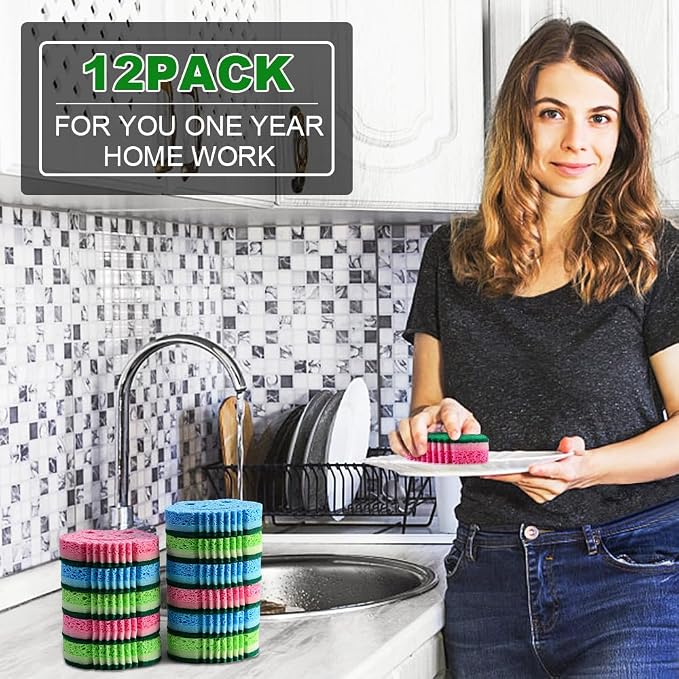 12 Pack Scrub Sponge,Bulk Sponges,Dual-Sided Multi-Functional Premium Cleaning Sponges,Dishwashing Sponge for Heavy Duty Scouring Pads,Bathroom,Dish,Furniture,Kitchen(Frog Shape)